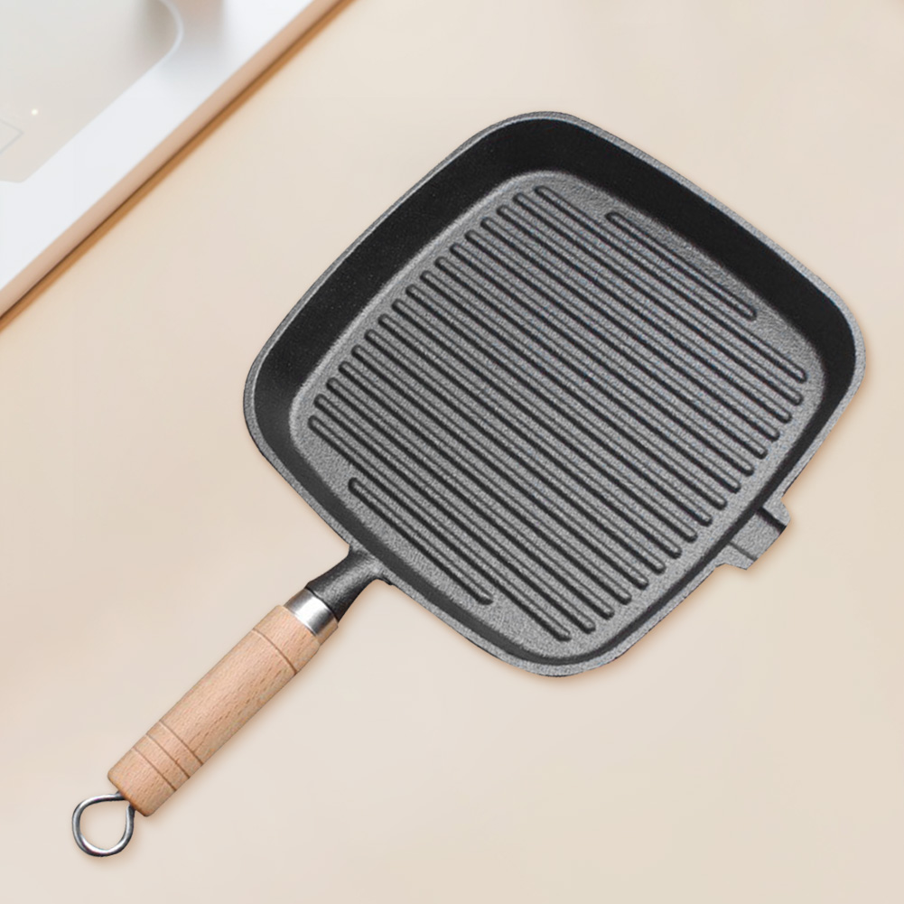 Gusseisen Pfanne Steak Pfanne mit Holzgriff unbeschichtete Antihaft-Bratpfanne Steak Braten Topf Steak Pfanne für Camping