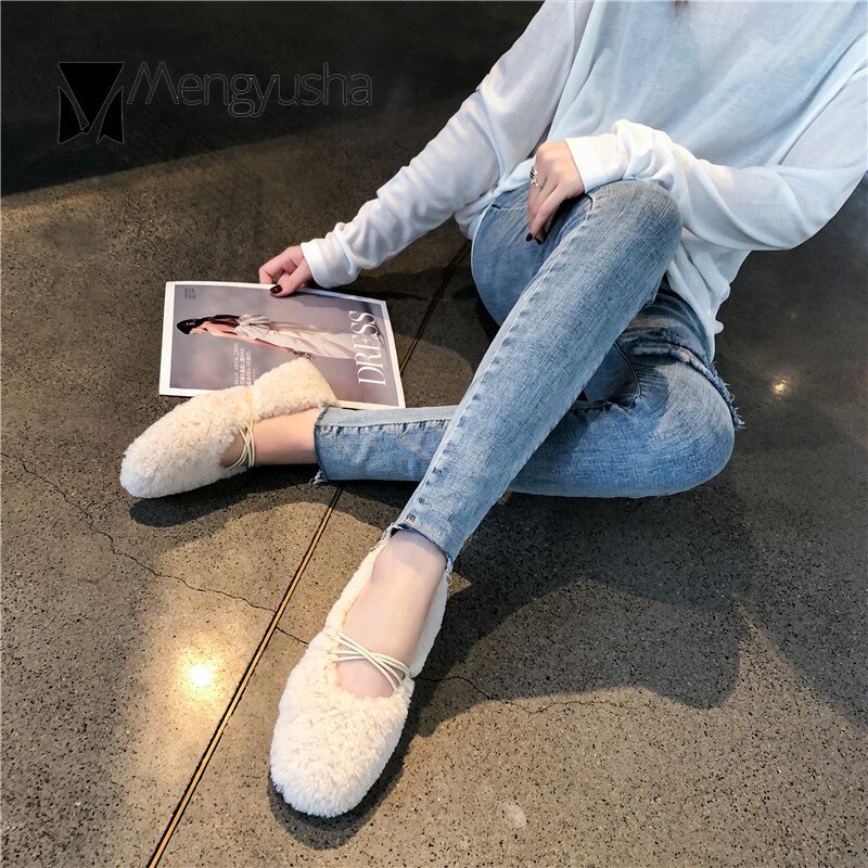 Lambswool furry ballerina ballet shoes women solid color loafers round toe moccasins cross elastic band flats curly fur shoes