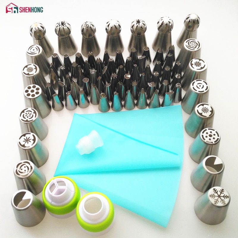 Shenhong 77 stuks icing piping tips set 1 stuks siliconen zakje 3 russische tulp spuitmondjes cupcake taartdecoratie diy dessert