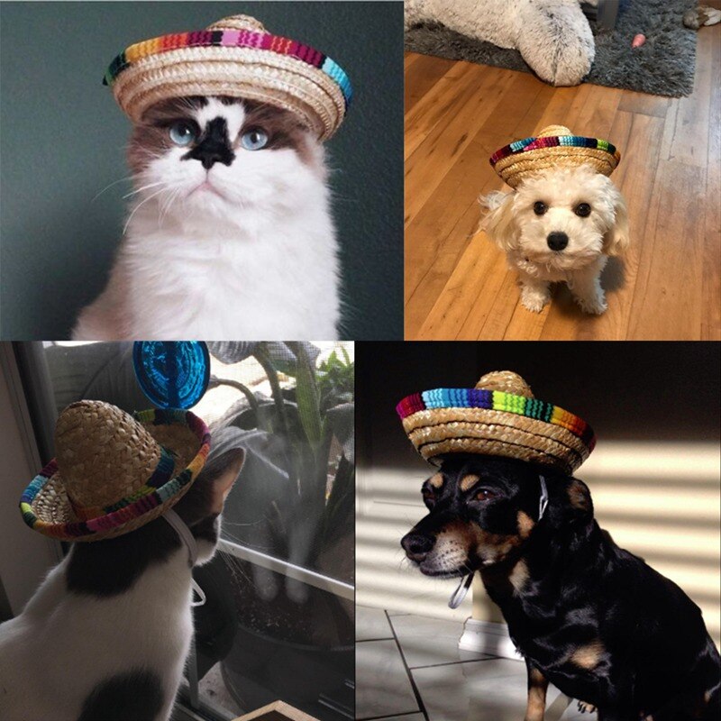 Sombrero mejicano de paja con hebilla ajustable para mascotas, Sombrero tejido de paja para perros, traje ajustable