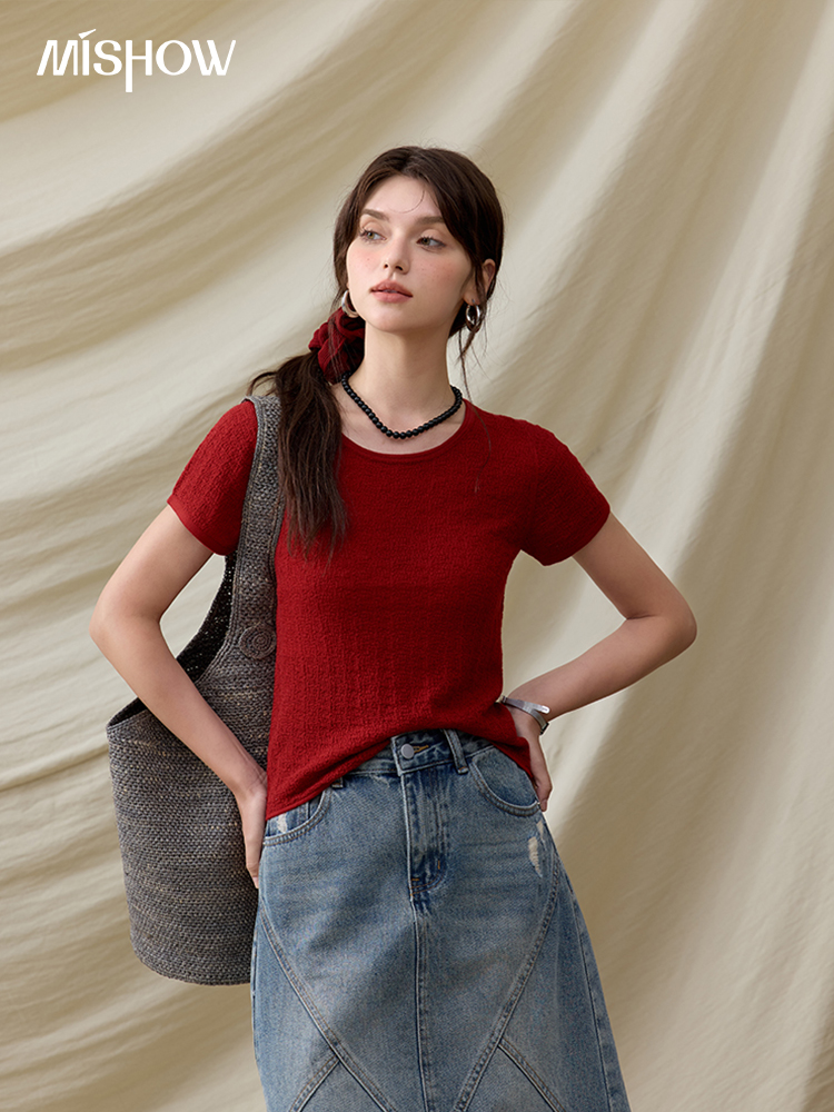 MISHOW Office Lady Women’s T-shirts Summer Short Sleeve Round Neck Solid Slimming Knitted Shirt Female MXE34Z1257