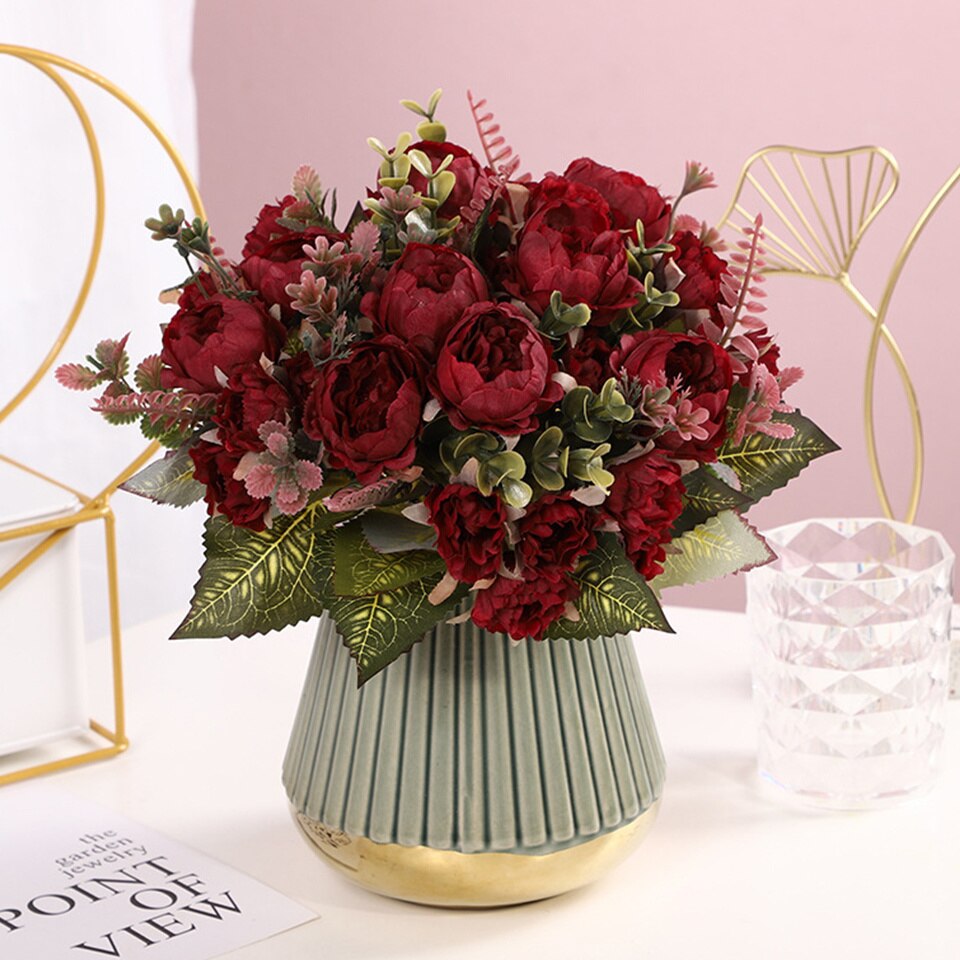 1 bukett kunstig mini peon blomster bukett 9 hoder peon blomster til hjemmet bord vise bryllup diy dekorasjon blomster