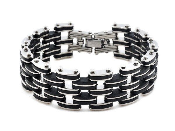 Mænds sort kors sølvfarvet rustfrit stål gummiarmbånd manchet armbånd kæde armbånd smykker 8.5 "
