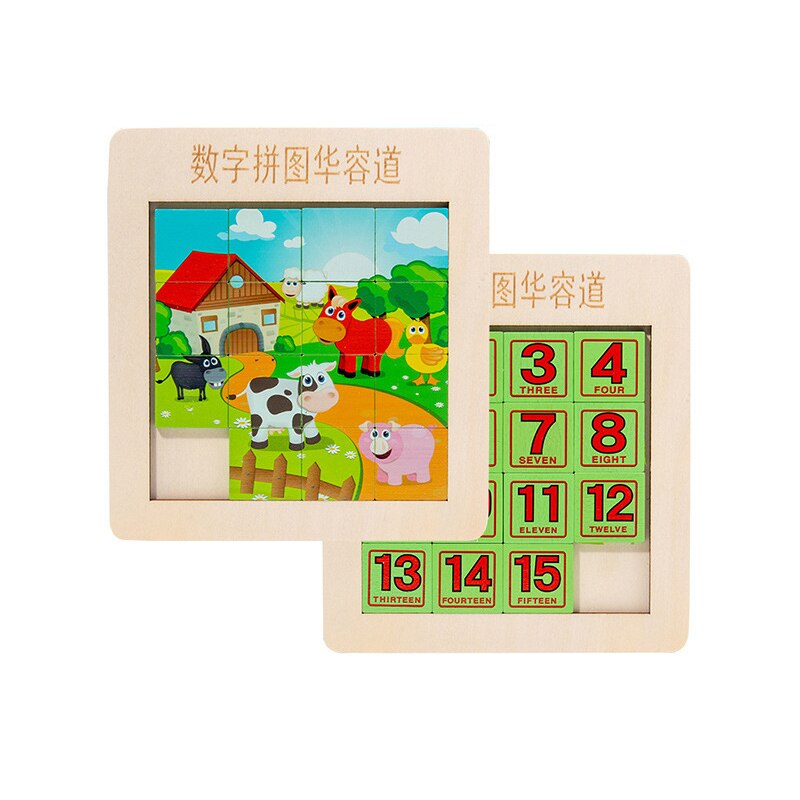 Huarong Road Klotski Puzzle Wooden 3D Puzzle Double-sided Digital Educational Early Learning Toys Children Brain Toys Develop: 1pc Farm