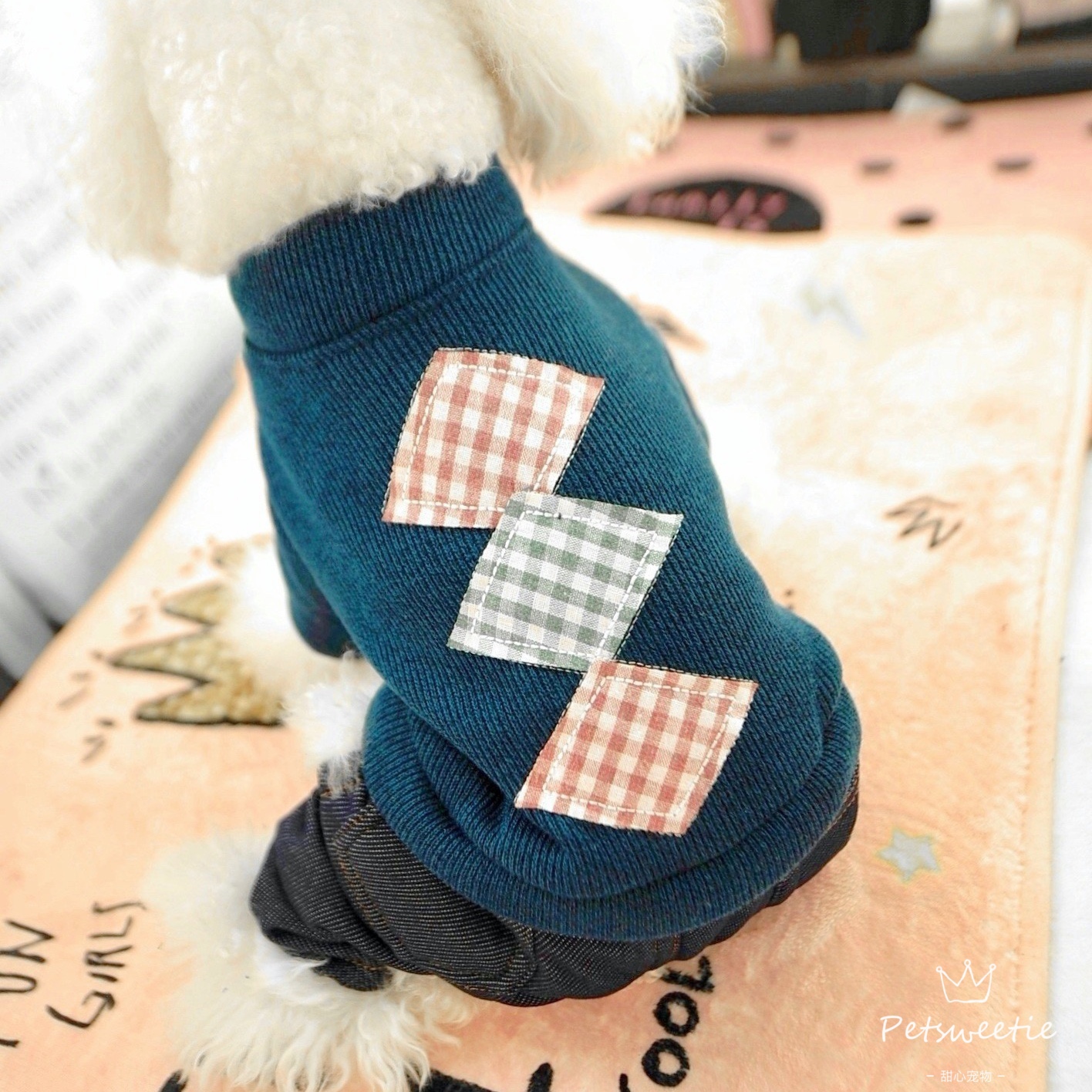 Plaid strikning pet denim jumpsuit vinter varm hund overalls til små dyr shih tzu maltesisk tøj hvalpe tøj pyjamas mops
