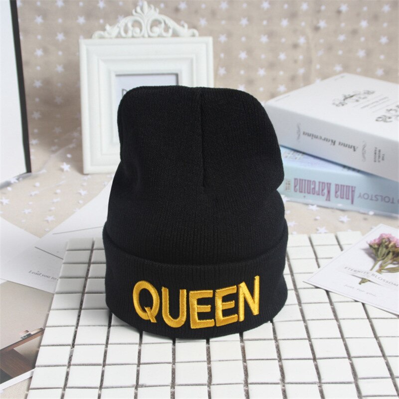 Bonnet en tricot pour couple, élastique, roi, reine, Bonnet de sport, pour hommes et femmes, hiver et automne: Gold Queen