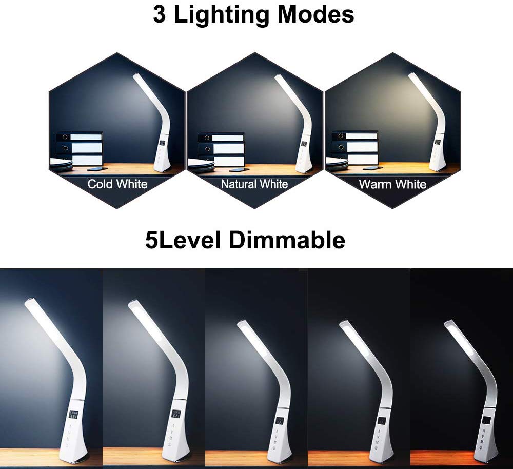 LED Schreibtisch Lampe, Augen Fürsorglich Tisch Lampe, dimmbar Büro Studie Schreibtisch Licht mit Kalender Thermometer Zeit & Alarm Uhr, 3 Modus 5 Ebene