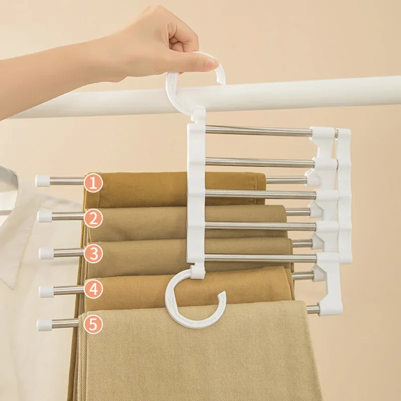 Pants Hanger 5 In1 Save Space Collapsible Towel Tie Hook Multi-functional Clothes Trouser Rack Wardrobe Closet Organizer Storage