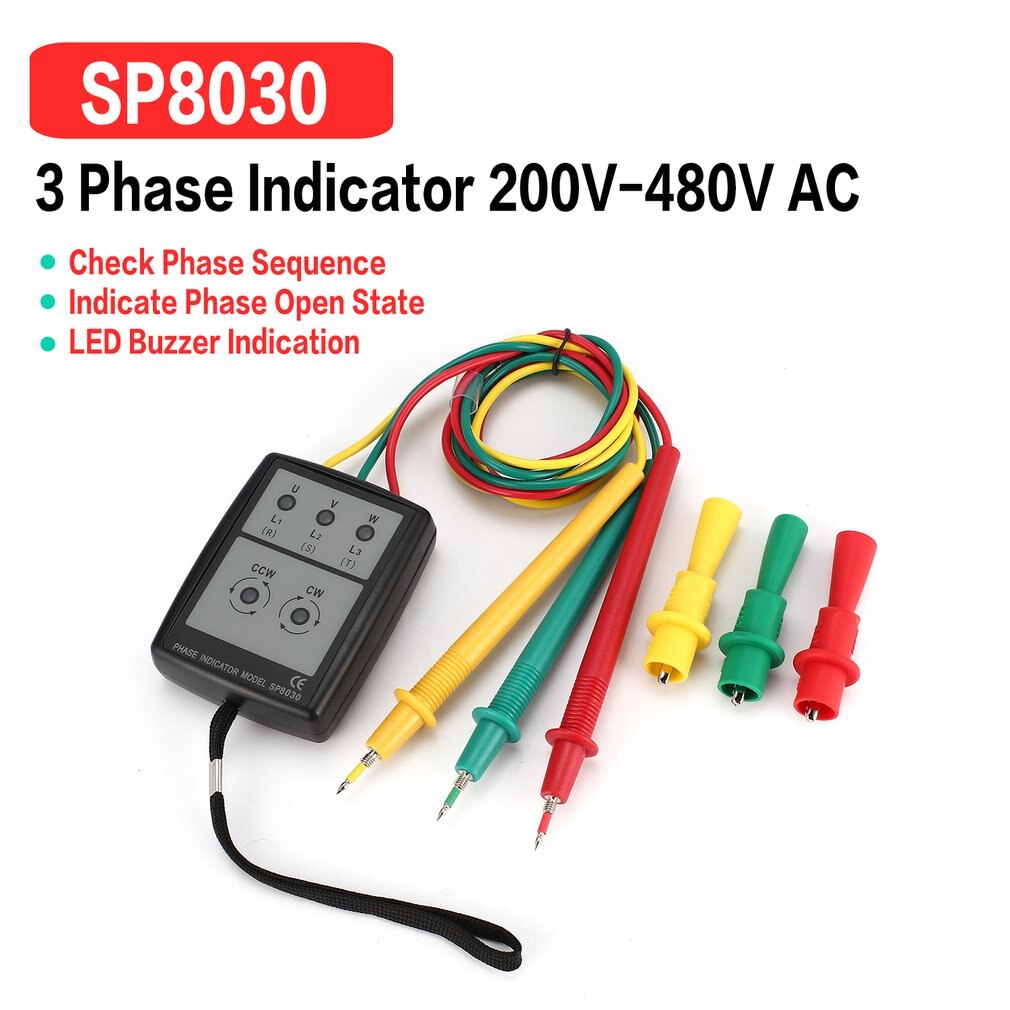 Sp8030 3 fase rotatie tester digitale fase indicator detector led zoemer fasevolgordemeter spanningstester 200v-480v ac