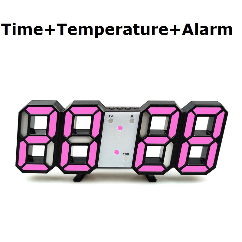 3D horloge moderne numérique 12/24 heure affichage de l'heure mur LED horloge LED rétro-éclairage support de température ou suspendus alarmes pour chambre à coucher: Black Shell Pink