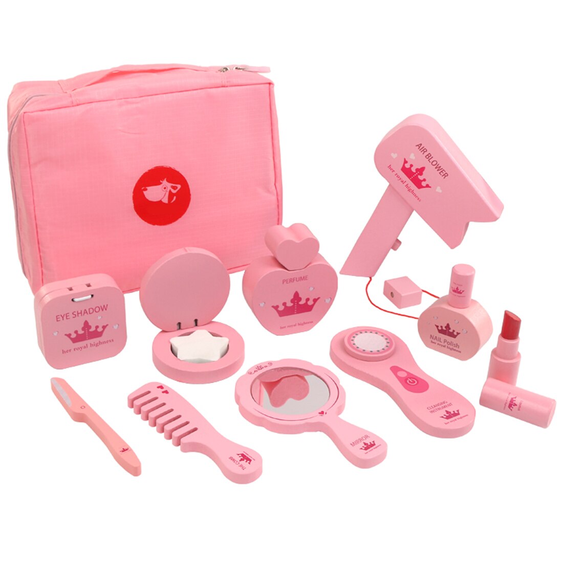 11Pcs/set Children Wooden Make Up Pretend Play Simulation Cosmetic Bag Beauty Toy For Girls - Pink