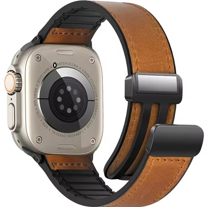 Siliconen + lederen band voor Apple Watch Band 49mm 44/42/45/38/40/41mm accessoires armband voor iWatch Ultra Series 9 8 7 SE 6 5: M / Beige