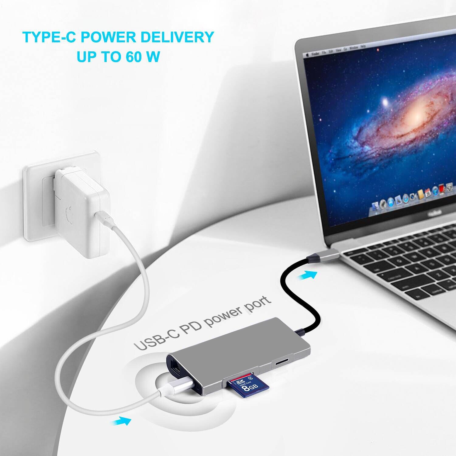 8 in 1 USB C Docking Bahnhof Typ C Verlängern zu 4 K UHD HDMI, 3 USB 3.0 Häfen, SD/TF Slot, RJ 45, USB-C Ladung Hafen für MacBook