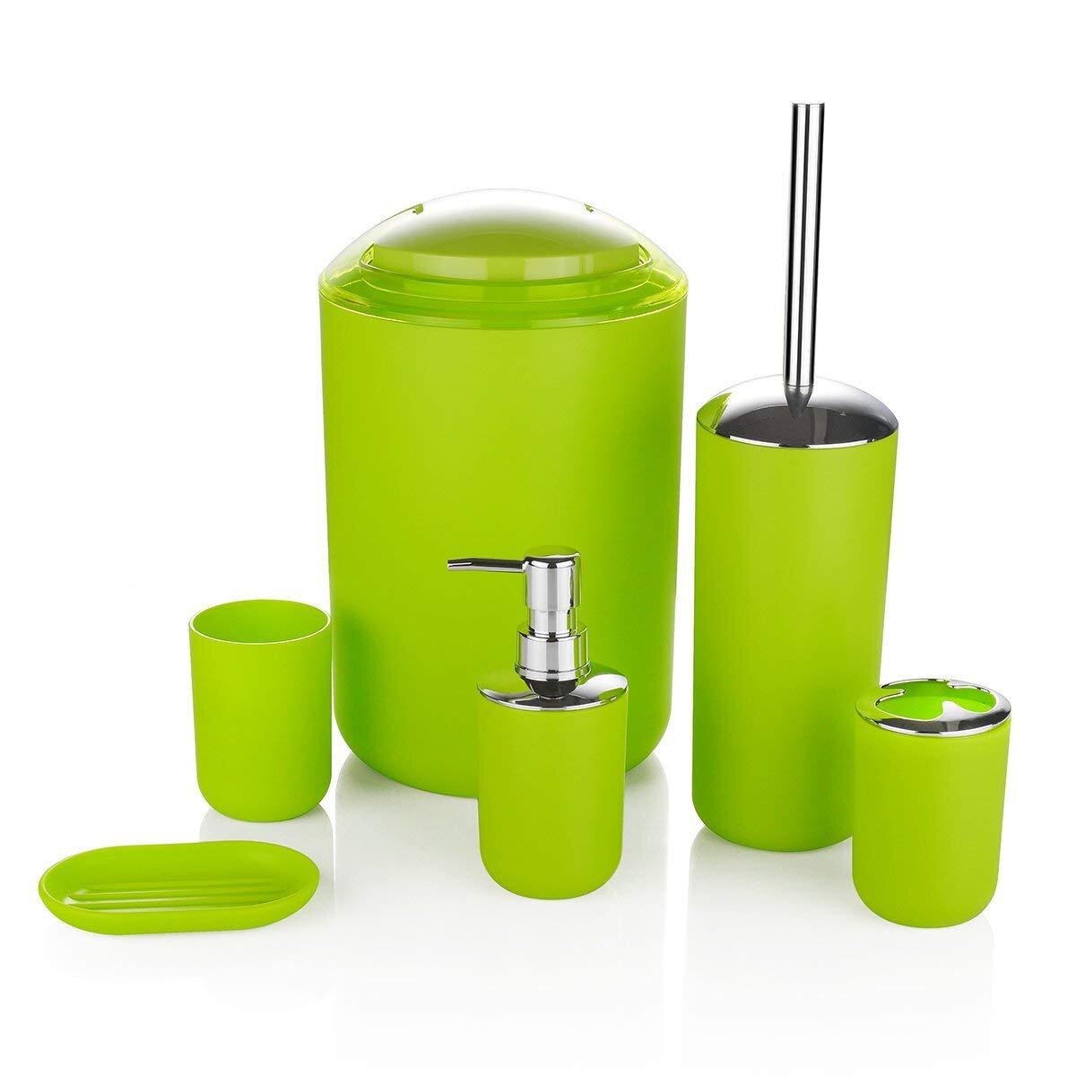 Ensemble d&#39;accessoires de salle de bain en plastique, brosse de toilette, porte-savon, distributeur de dentifrice, couvercle pivotant, poubelle lavable, 6 pièces: green