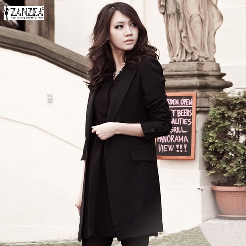 Women Long Blazers Jackets Zanzea Spring Single Button Casual Solid Black Long Sleeve Blazer Coat Mujer Feminino Longo Plus Size