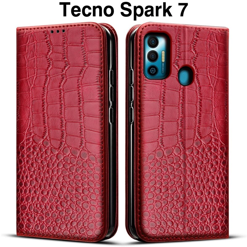 Étui à rabat en cuir pour Tecno Spark 7, porte-cartes, coque de téléphone: Red