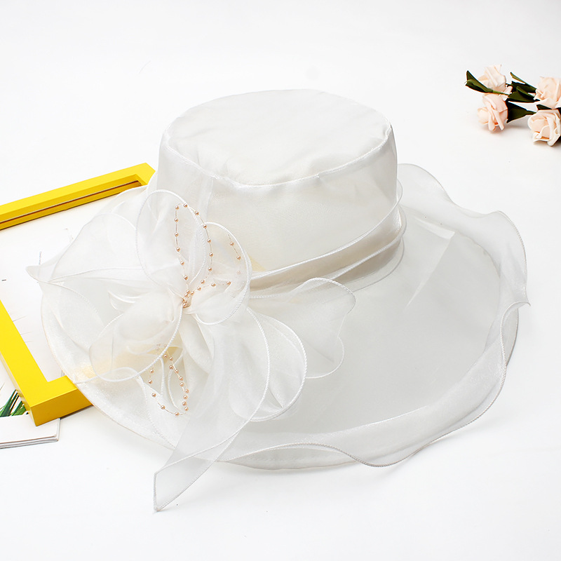 18 Color Ladies Summer Hat White Black Organza Church Fascinator Wedding Tea Party Derby Hats for Women Flower Wide Brim Sun Hat