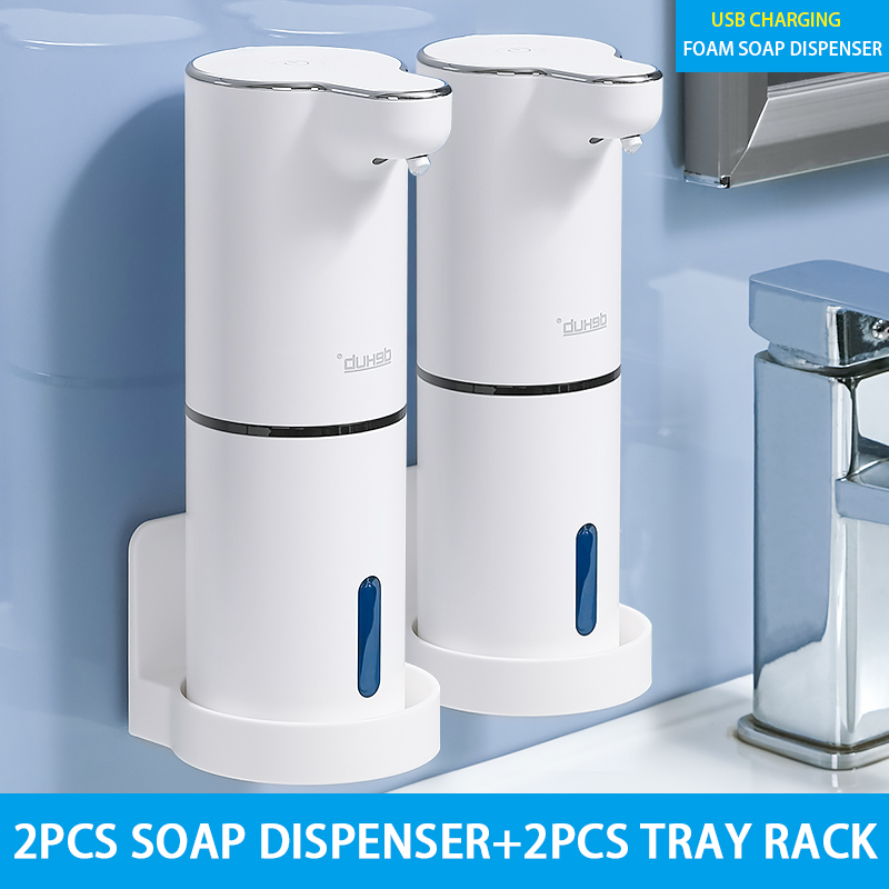Automatic Foam Soap Dispensers Bathroom Smart Washing Hand Machine With USB Charging White ABS Material: 2pcs rack set