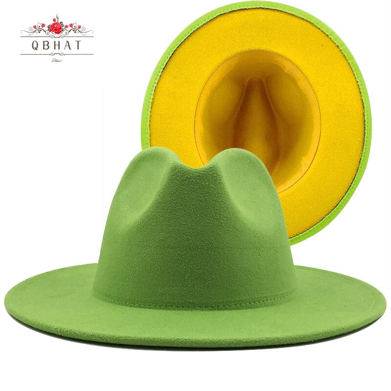 QBHAT Lime Green with Yellow Bottom Jazz Felt Hats Women Men Large Brim Faux Wool Fedora Hat Patchwork Panama Cowboy Cap
