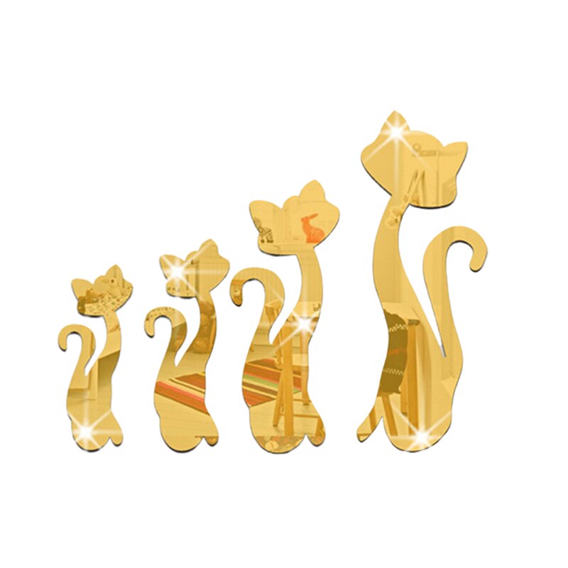 4 pièces mignon chats 3D acrylique miroir Stickers muraux maison murale décalque bricolage Art décor amovible Stickers muraux: Or