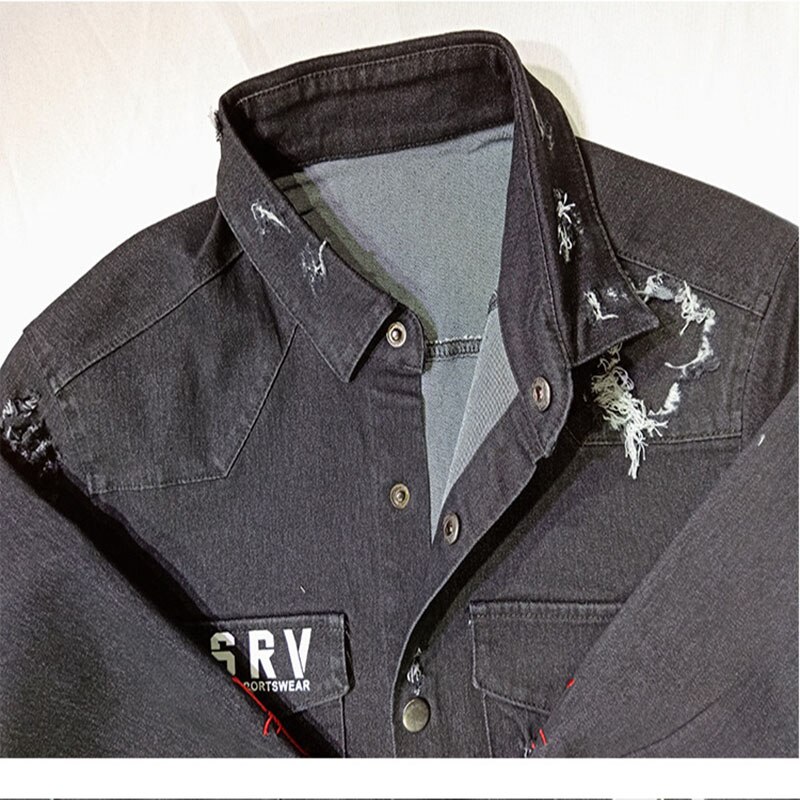 Chaqueta vaquera vintage para hombre, abrigos de Hip Hop, ropa de calle de mezclilla con agujeros, Top de primavera y otoño, patrón de impresión Rock