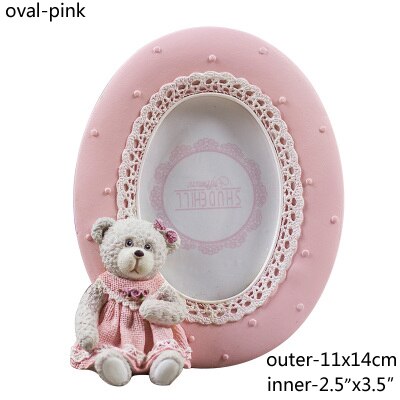 European Cute Teddy Tear With Lace Border Oval Square Shape 2x2 2.5x3.5 Pink Blue Resin Tabletop Baby Picture Photo Frame: oval pink