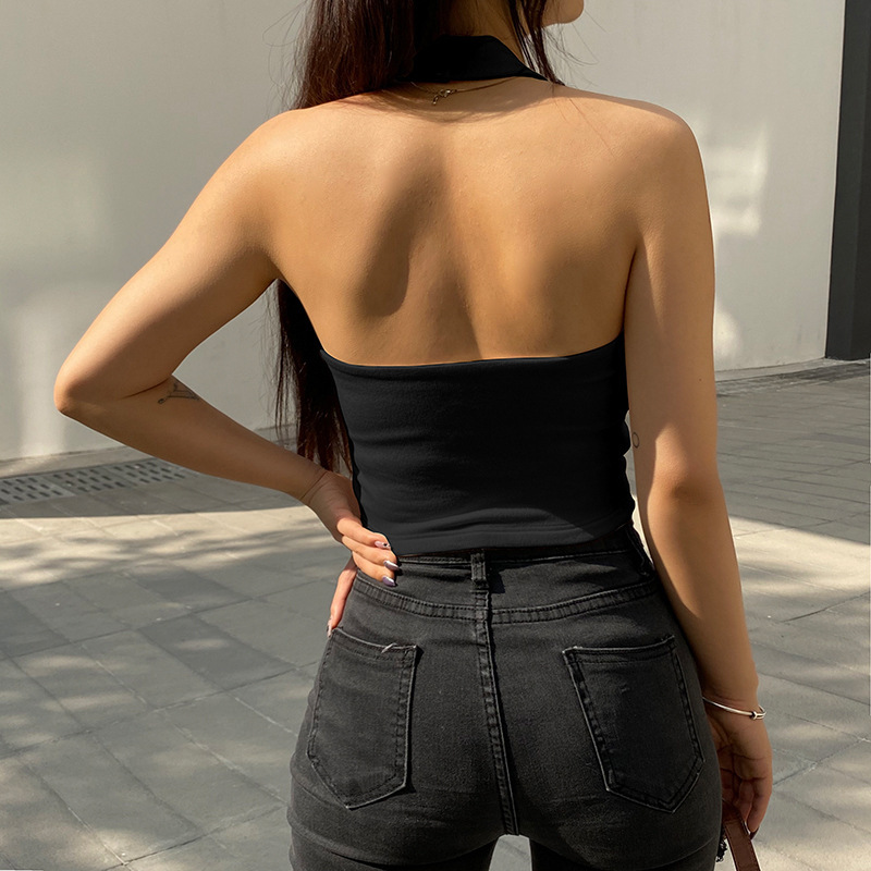 1 stk. strikkede ærmeløse halterneck toppe til kvinder basis ensfarvet slim fit crop dame sportsvest ribbet rygløs stropløse tanktoppe