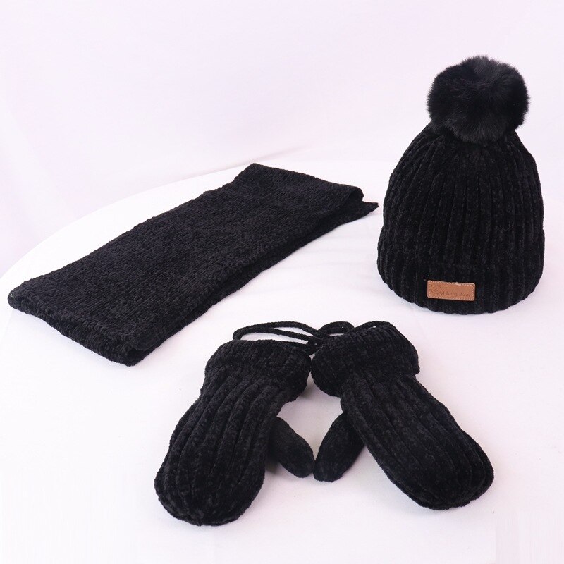 Barnelue skjerfhansker tredelt dress for menn og kvinner baby vinter tykk varm chenille ull lue: 4