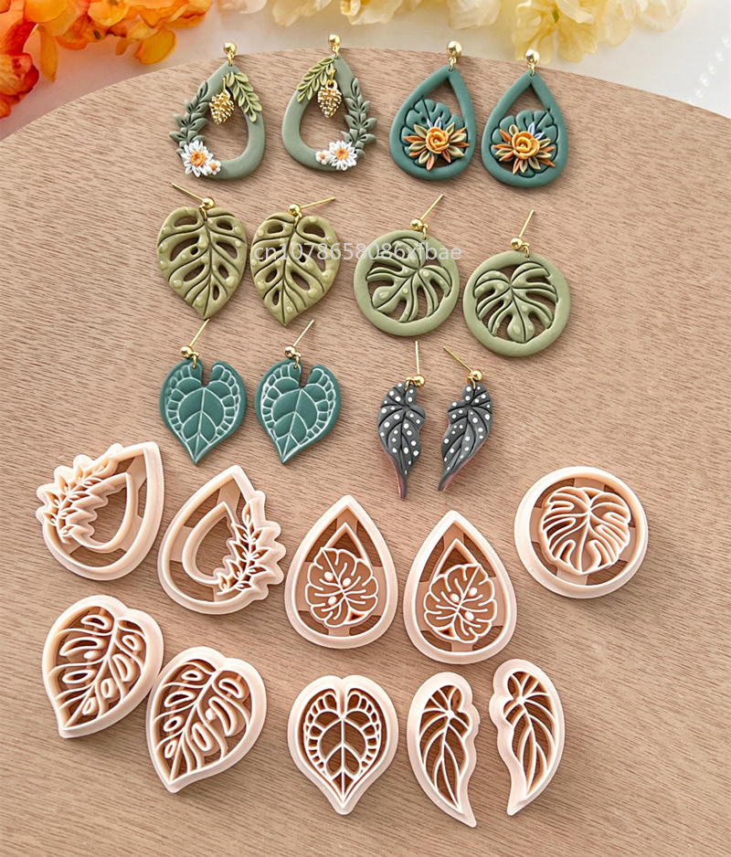 Cortadores de arcilla polimérica de hojas tropicales, hojas verdes en relieve, fabricación de cerámica, pendientes de arcilla colgantes, herramientas colgantes de joyería