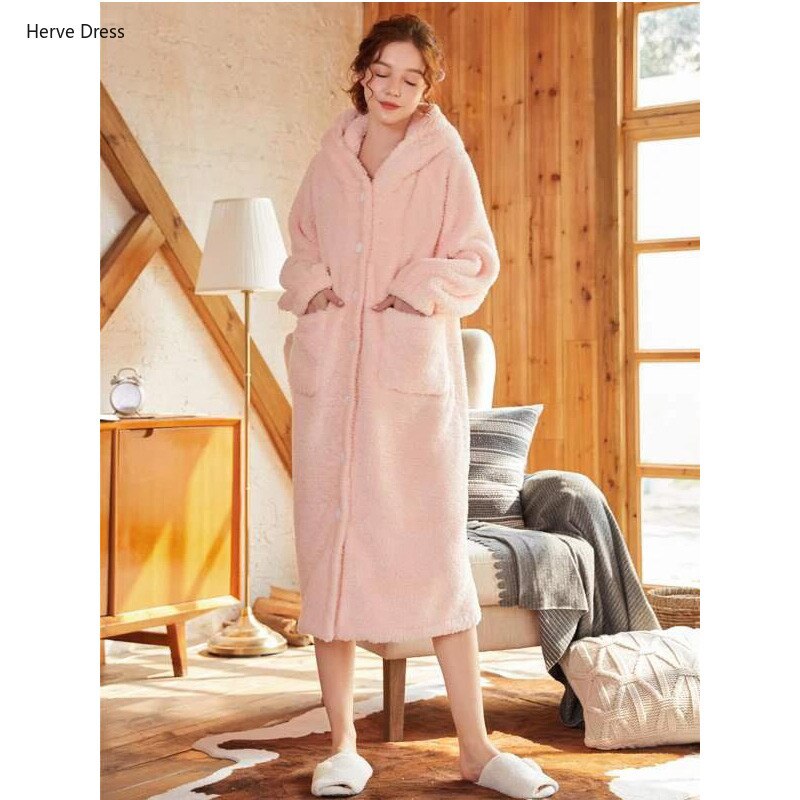 Women Pajamas Solid Color Plush Fleece Dual Pocket Button Up Hooded Robe Long Sleeve One-Piece Winter Nightwear Sleepwear