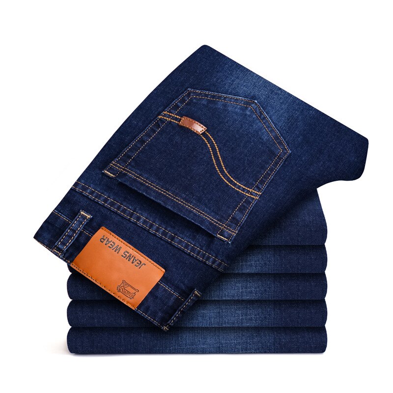 2022 mænd stretch jeans mandlige klassiske elasticitet business jeans mænd komfortable solide slanke lige lange denimbukser: Blå / 29