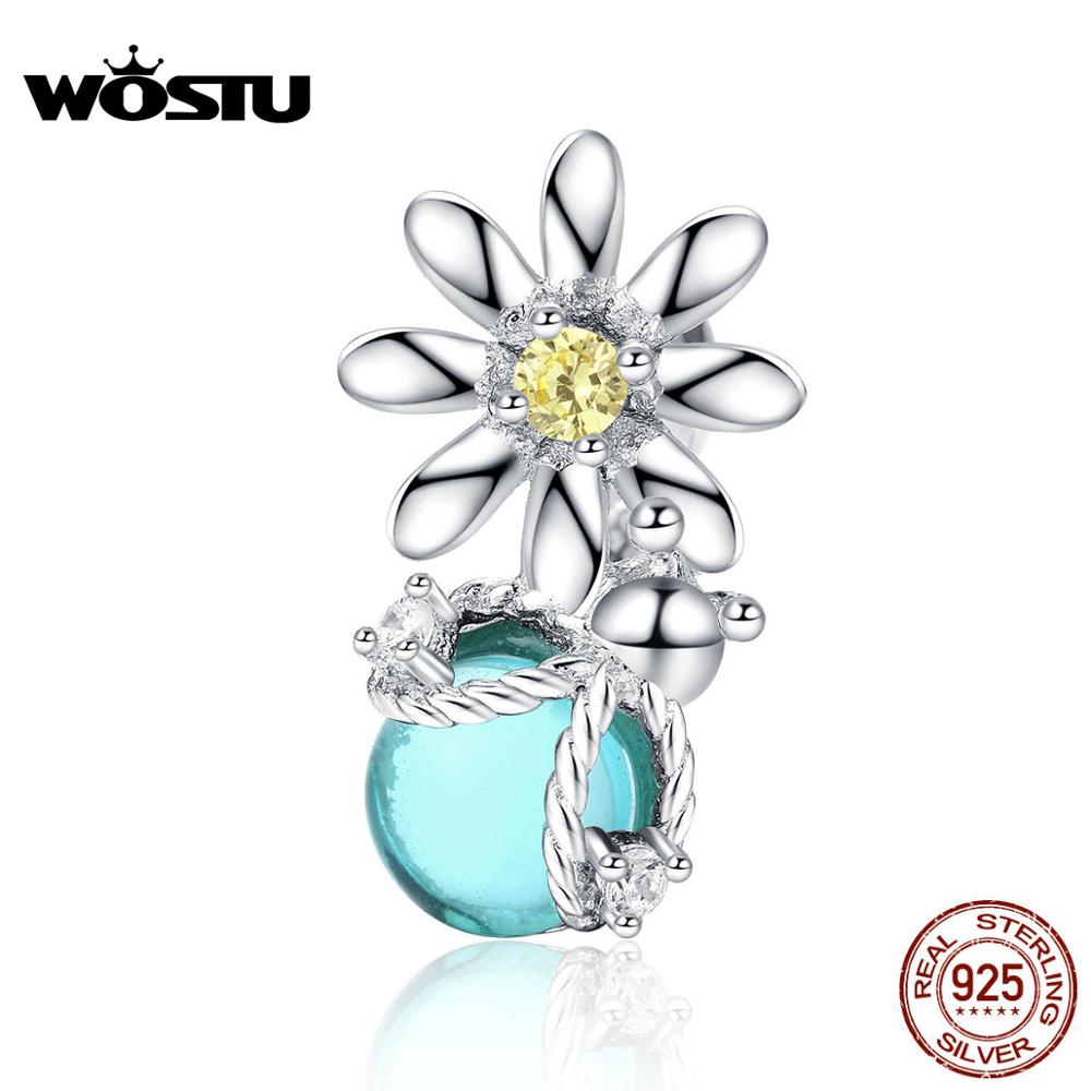 Wostu 925 sterling zilveren madeliefje bloem & vuurvliegjes kralen bedel past originele armband hanger fijn zilver 925 sieraden cqc 1369