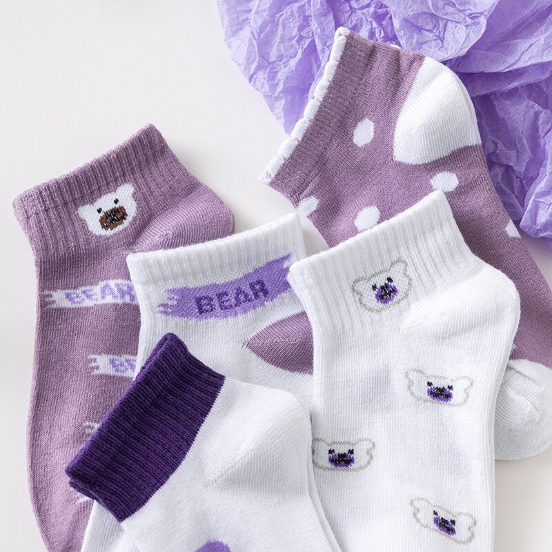 5 Pairs Cow Printed Socks Cute Harajuku Cotton Women Socks Striped Solid Breathable Casual Girls Short Socks