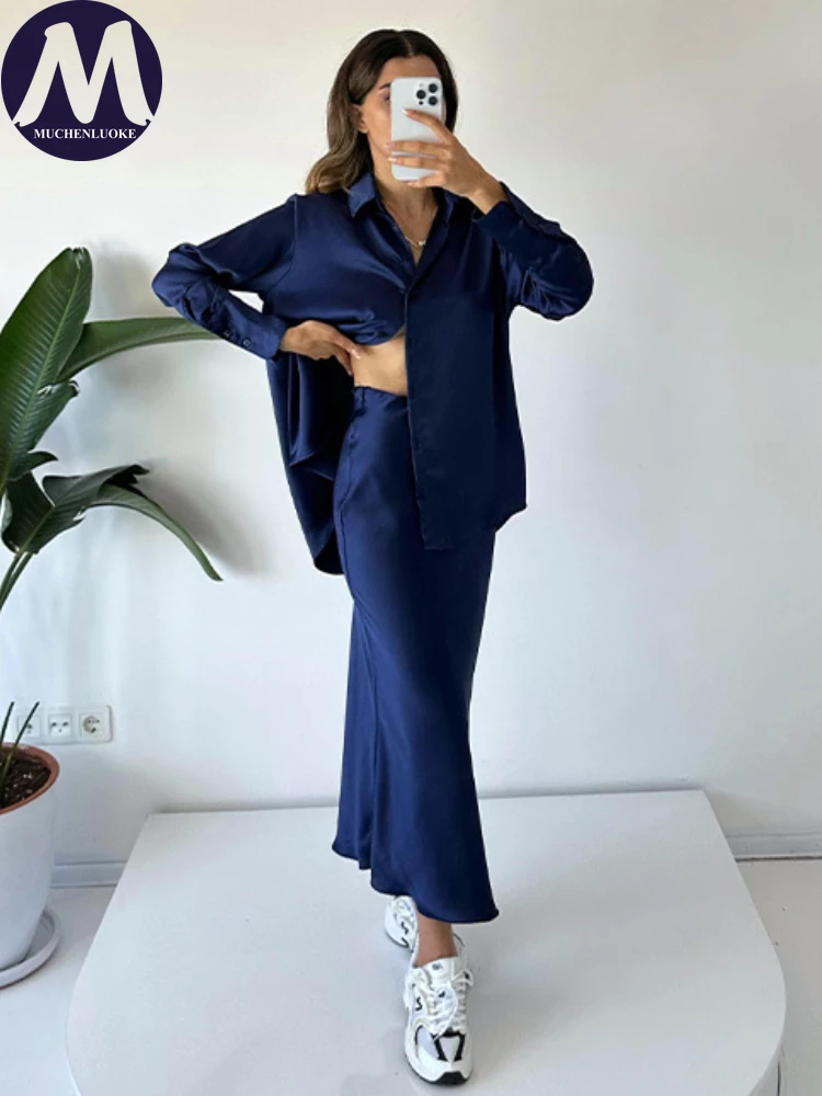 Women's Long Sleeve Shirt Tops Suits Slim Fit Large Swing Dress Set Casual Loose Spring Summer 2 Pcs