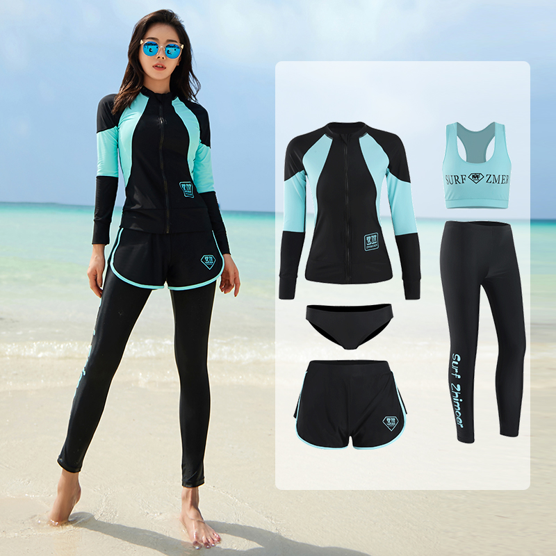 Lange Mouwen Rash Guard Voor Paar Vrouwen 5 Stukken Badpak Rits Badmode Lange Leggings Surfen Hoge Hals Lange Slipje Baden: ZME2004women / Xxl