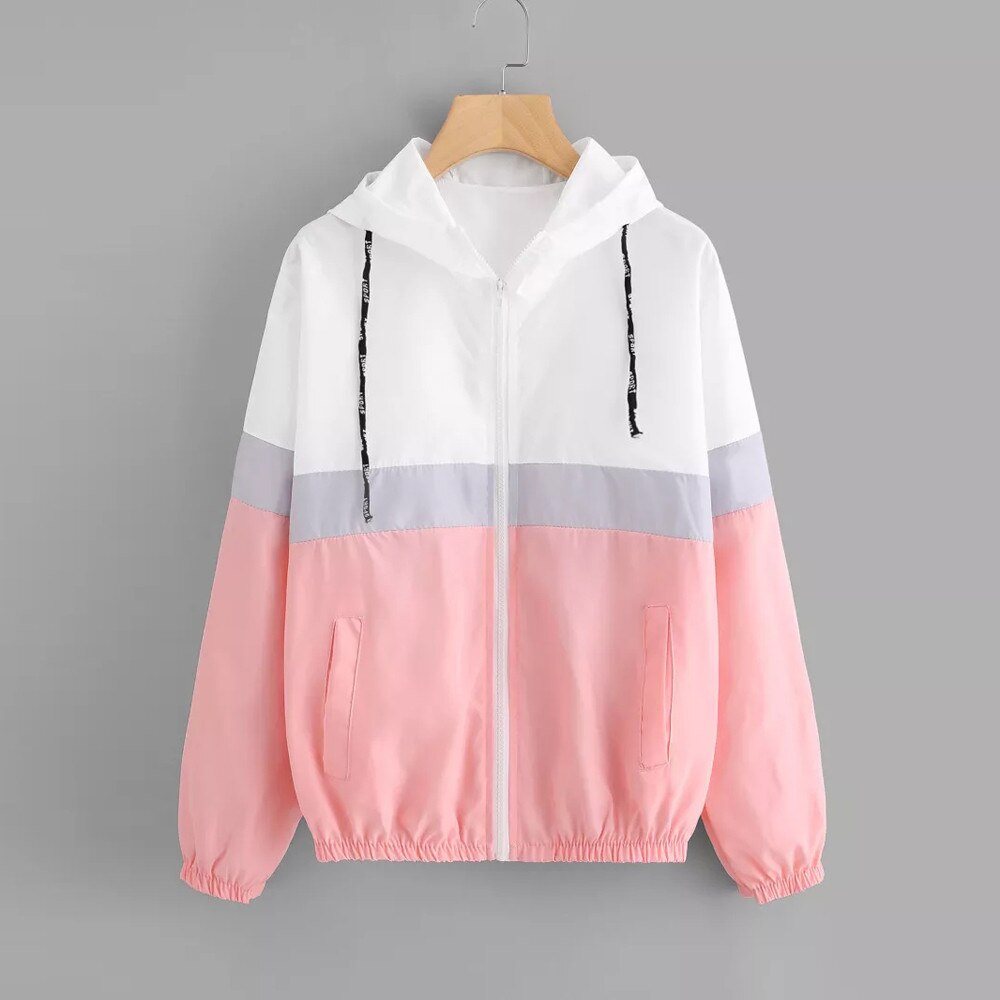 Jaycosin Vrouwen Jas Lange Mouw Patchwork Dunne Skinsuits Capuchon Rits Sport Jas Stiksels Contrast Hooded Dunne Jas: Roze / S