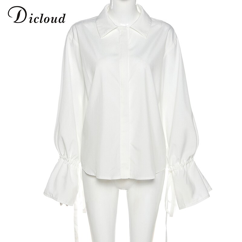 Dicloud oversize hvid skjorte kvinder sommer efterår med hak lange ærmer snøre manchet dame bluse afslappet solidt tøj: S
