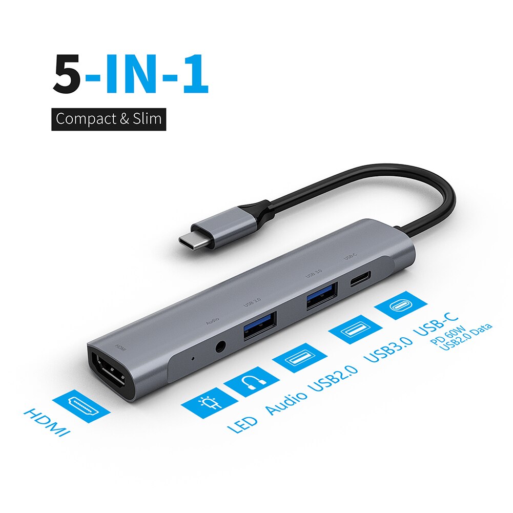 5 in 1 USB C centro di Tipo C a HdMI 4K USB 3.0 2.0 60W USB PD Caricatore 3.5 millimetri Martinetti Adattatore per il computer Portatile Del PC Del computer