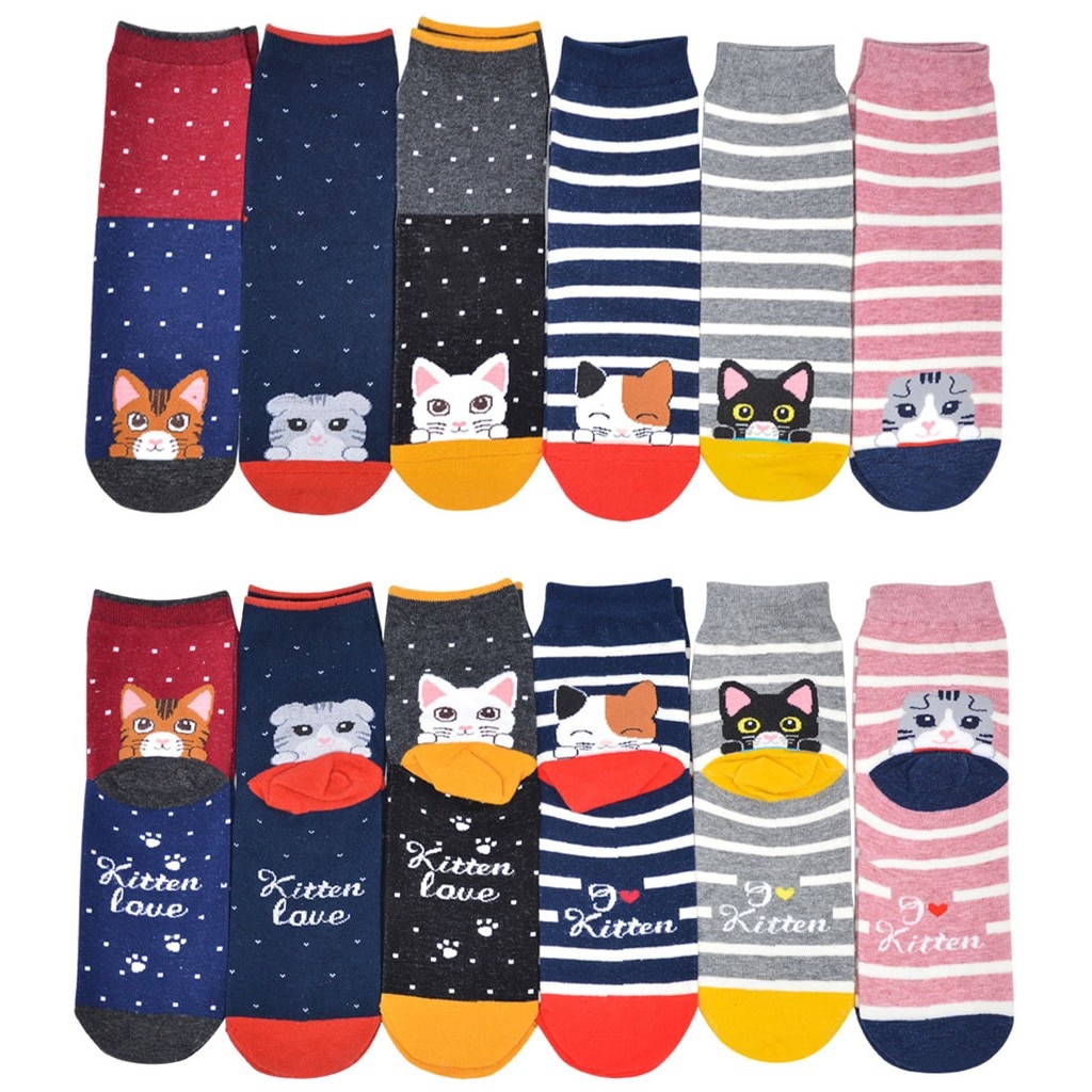 Socks Women Girls Casual Stripe Cat Printing Cotton Women Socks Harajuku Skarpetki Calcetines Mujer Носки Женские