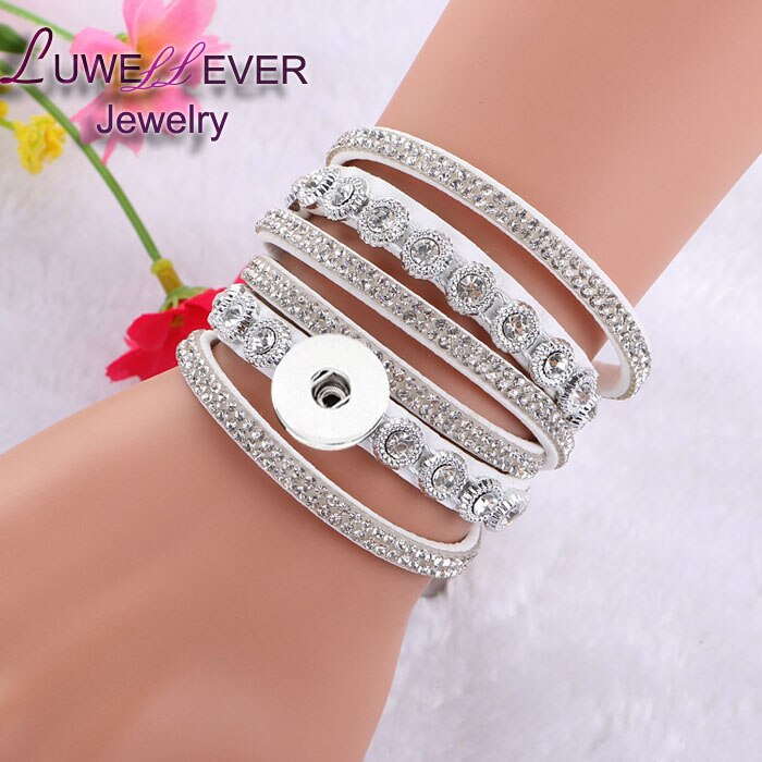 Verwisselbare Crystal 086 Steentjes Fluwelen Lederen Armband 18mm Drukknoop Sieraden Charm Bangle Voor Vrouwen 39cm: white