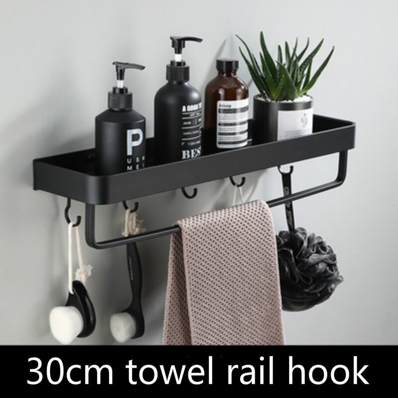 Towel Shower Storage Rack Black Corner Shelves Wall Shelf Aluminum Shampoo Holder No Drill Kitchen Bathroom Shelf Organizer: 30cm towel rail hook