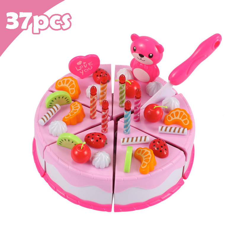 Neueste DIY Pretend Spielen Obst Schneiden Geburtstag Kuchen Küche Lebensmittel Spielzeug Cocina De Juguete Spielzeug Rosa Blau Mädchen für kinder: 37Pcs Pink