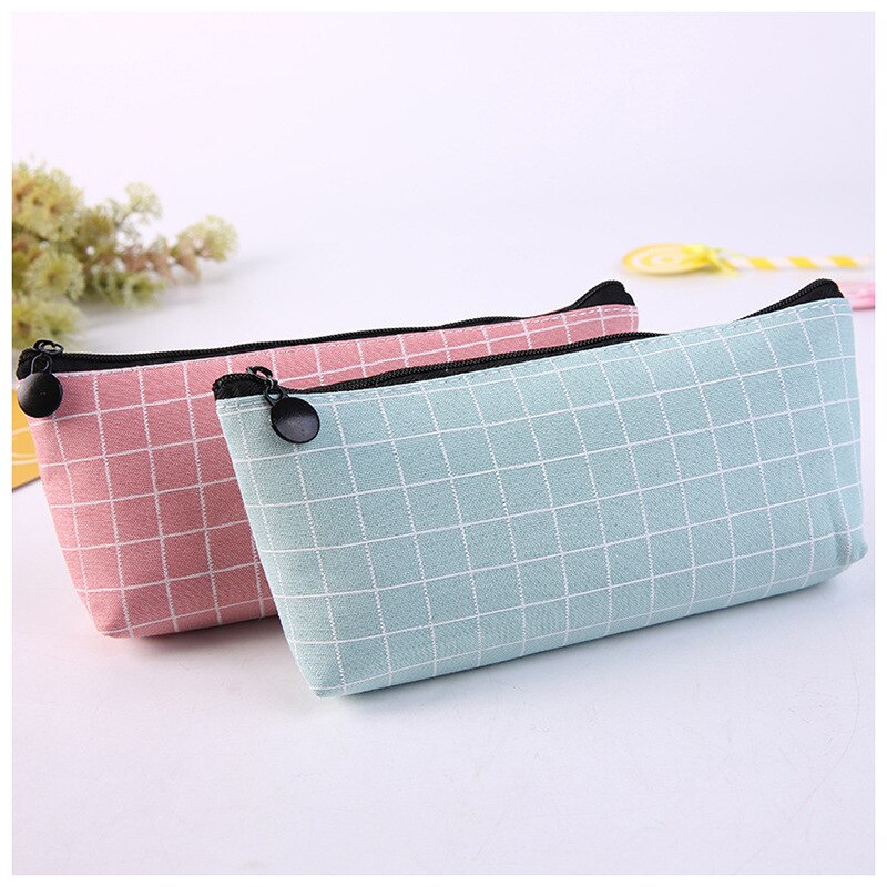 1pcs Canvas Geometric Pencil Case School Color Cute Kawaii Simple Striped Grid Solid Pencil Bag Pouch Students Office Supplies