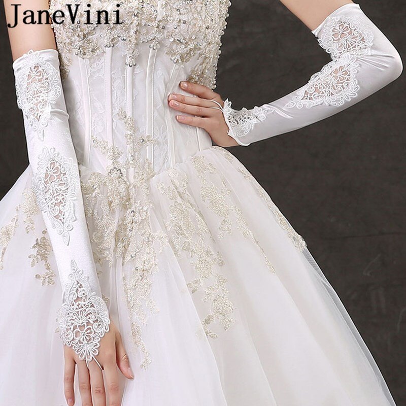 JaneVini Fingerless Long White Wedding Gloves for Bride Satin Lace Opera Length Bridal Gloves Women Party Hand Gloves