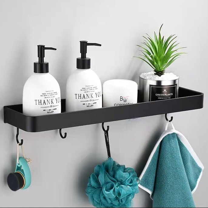 Towel Shower Storage Rack Black Corner Shelves Wall Shelf Aluminum Shampoo Holder No Drill Kitchen Bathroom Shelf Organizer: 30cm  4 hooks