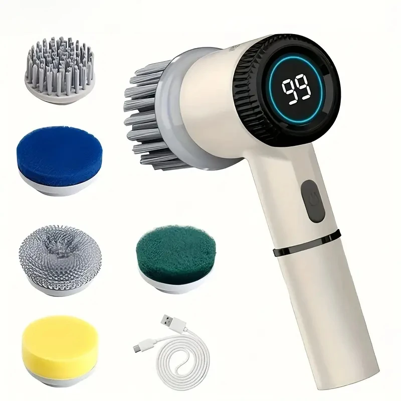 Elektrische reinigingsborstel Multifunctionele keuken Badkamer Toilet Draagbare krachtige schone borstel 5-opzetborstels LED-display: Black