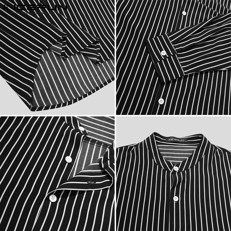 Men Striped Shirt Stand Collar Long Sleeve Casual Camisa Masculina Streetwear Button Loose Leisure Tops S-5XL INCERUN