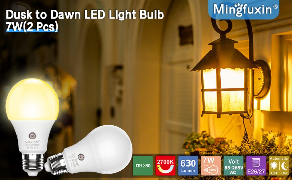 Upgraded A19 7W E26 E27 Auto on/off LED Sensor Bulb 100 Watt Equivalent Dusk to Dawn Light Sensor LED Bulbs