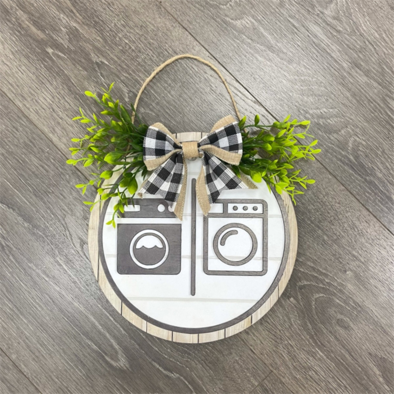 Guirnalda rústica de madera para decoración de pared, letreros de tablero redondo, letrero colgante para puerta de lavandería y baño, decoración divertida para inodoro Unisex