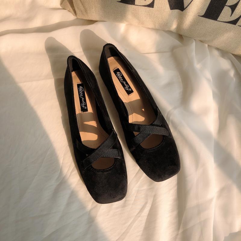 Piger pearl velvet flats nøgen pink balletsko solide elastiske krydsbånd loafers firkantet tå ballerina mokkasiner femme